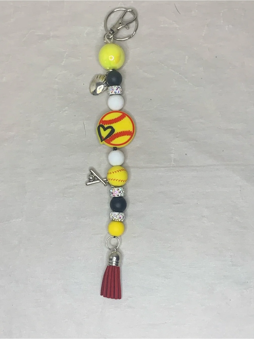 Yellow Softball Bead Keychain with Red Tassel